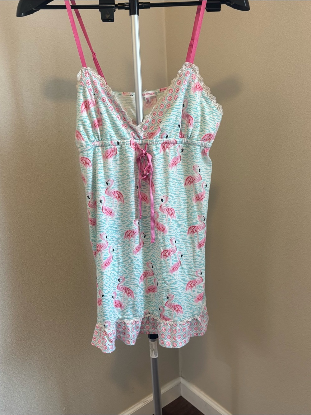 P.J. Salvage Mint Pink Flamingo Print Lace Cami Sleep Top Babydoll Pajamas